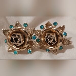 Rare Gold Floral Vintage Screwback Clip Earrings Turquiose Stones